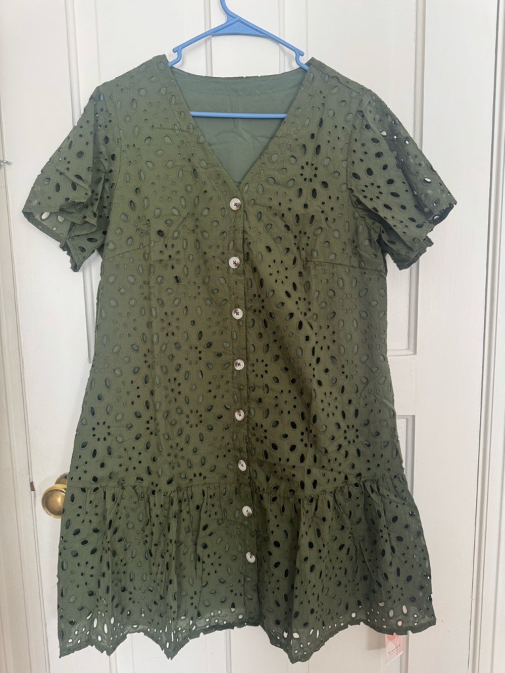 Eyelet Button-Front V-Neck Dress in Olive Green